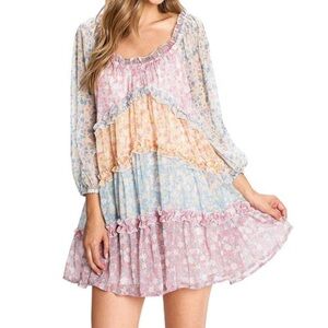 Patchwork Floral Babydoll Mini Dress Size Small